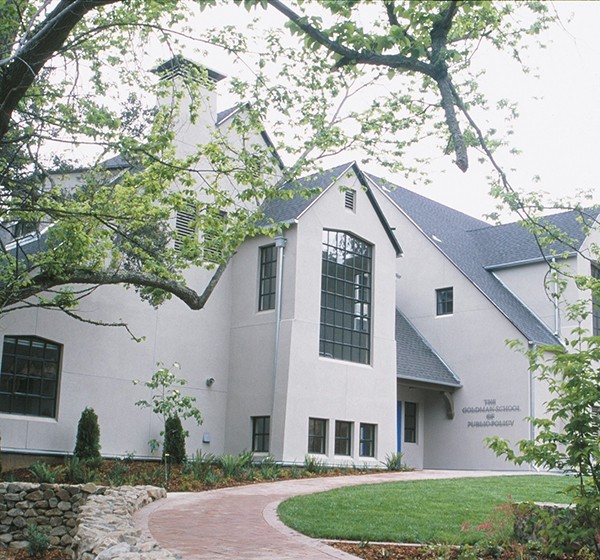 The exterior of the west building of the Goldman School.